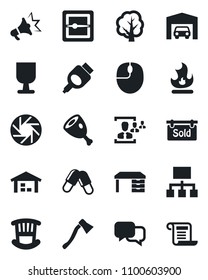 Set of vector isolated black icon - mouse vector, desk, tree, fire, axe, pills, fragile, dialog, hdmi, mobile camera, scanner, hr, garage, warehouse, sold signboard, children room, ham, hierarchy