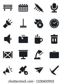 Set of vector isolated black icon - suitcase vector, hot cup, case, calendar, rake, bench, satellite, container, flame disk, microphone, torch, clock, presentation board, desk lamp, rolling pin