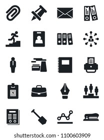 Set of vector isolated black icon - manager vector, mail, hierarchy, case, pedestal, office binder, drawing pin, job, factory, printer, copybook, paper clip, identity card, ink pen, point graph