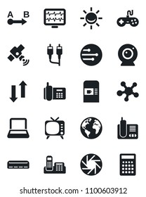 Set of vector isolated black icon - coffee machine vector, monitor pulse, earth, office phone, route, satellite, tv, gamepad, radio, share, rca, mobile camera, network, data exchange, notebook pc