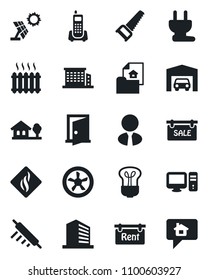 Set of vector isolated black icon - office building vector, saw, phone, house with tree, garage, estate document, sale, rent, agent, heater, rolling pin, power plug, fan, pc, smoke detector, bulb