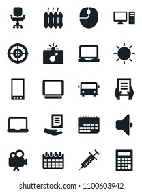 Set of vector isolated black icon - airport bus vector, bomb in case, mouse, document, calendar, sun, syringe, term, tv, video camera, laptop pc, mobile, office chair, target, notebook, heater