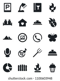 Set of vector isolated black icon - parking vector, no laptop, circle chart, farm fork, fence, butterfly, fire, flame disk, microphone, music, desk lamp, mountains, sweet home, phone, wine card