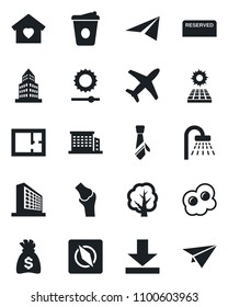 Set of vector isolated black icon - shower vector, office building, money bag, coffee, tree, joint, plane, download, brightness, compass, tie, sun panel, plan, sweet home, reserved, omelette, paper