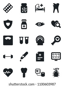 Set of vector isolated black icon - heart pulse vector, monitor, diagnosis, blood pressure, test vial, dropper, diagnostic, scales, pills bottle, blister, tomography, barbell, shield, hospital bed