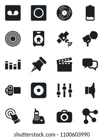 Set of vector isolated black icon - clapboard vector, vinyl, camera, microphone, satellite, speaker, settings, equalizer, video, touch screen, dialog, radio phone, paper pin, low battery, rec button