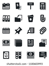 Set of vector isolated black icon - document search vector, coffee, drawing pin, calendar, reload, plant label, cash, receipt, folder, paper clip, blank box, binder, contract, book, restaurant