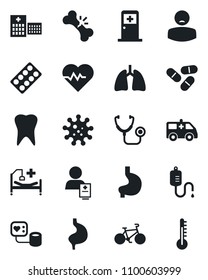Set of vector isolated black icon - medical room vector, heart pulse, stethoscope, blood pressure, dropper, pills, blister, ambulance car, bike, hospital bed, stomach, lungs, tooth, broken bone