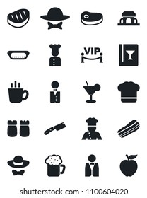 Set of vector isolated black icon - waiter vector, cook, hat, wine card, cocktail, coffee, beer, bacon, salt and pepper, cafe building, vip zone, dress code, steak, hot dog, knife, apple fruit