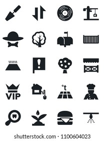 Set of vector isolated black icon - vip vector, trowel, tree, important flag, cargo container, search, vinyl, data exchange, fruit, crane, mailbox, cook, dress code, alcove, hamburger, home control