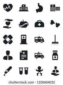 Set of vector isolated black icon - baby vector, medical room, rake, heart pulse, doctor case, diagnosis, blood test vial, dropper, pills bottle, patch, ambulance car, hand, stomach, broken bone