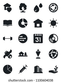 Set of vector isolated black icon - book vector, pennant, circle chart, tree, sun, syringe, barbell, satellite, network, calendar, pie graph, house with, sweet home, smart, water, office building