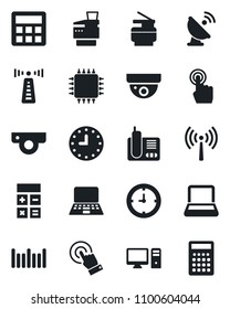 Set of vector isolated black icon - antenna vector, calculator, notebook pc, clock, barcode, satellite, touch screen, radio phone, copier, chip, web camera, surveillance