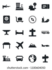 Set of vector isolated black icon - baggage trolley vector, airport bus, ticket, passport, boarding, plane, luggage scales, building, signpost, sea shipping, compass, mountains, bedroom, table