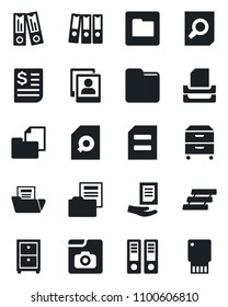 Set of vector isolated black icon - office binder vector, document search, receipt, folder, photo gallery, paper, tray, archive box, usb flash