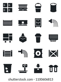 Set of vector isolated black icon - trash bin vector, checkroom, bucket, watering, railroad, truck trailer, cargo container, consolidated, package, oil barrel, heavy scales, archive box