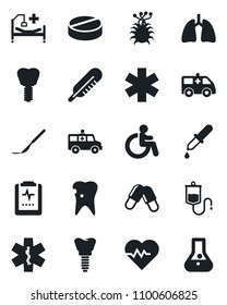 Set of vector isolated black icon - disabled vector, heart pulse, dropper, thermometer, pills, scalpel, ambulance star, car, hospital bed, lungs, caries, implant, clipboard, virus, flask