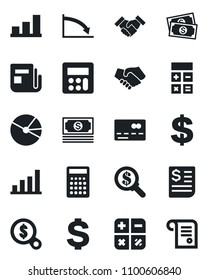 Set of vector isolated black icon - credit card vector, dollar sign, calculator, cash, receipt, news, bar graph, pie, handshake, crisis, money search, contract