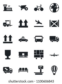 Set of vector isolated black icon - arrival vector, airport bus, waiting area, alarm car, fork loader, plane, building, wheelbarrow, bike, earth, delivery, container, consolidated cargo, fragile