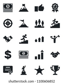 Set of vector isolated black icon - dispatcher vector, handshake, growth statistic, dollar sign, pedestal, medal, cash, finger up, target, career ladder, police, arrow graph, motivation, certificate