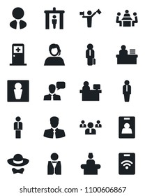 Set of vector isolated black icon - dispatcher vector, security gate, male, reception, medical room, manager, team, place, support, client, speaker, identity card, desk, meeting, estate agent, pass