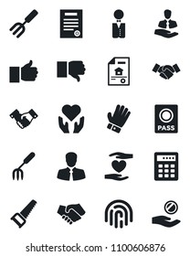 Set of vector isolated black icon - passport vector, handshake, garden fork, glove, saw, heart hand, client, finger up, down, fingerprint id, contract, estate document, waiter, combination lock