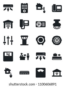 Set of vector isolated black icon - airport tower vector, baggage conveyor, passport control, stamp, scales, tuning, air conditioner, home, remote, intercome, garage gate