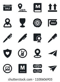 Set of vector isolated black icon - no mobile vector, laptop, pen, stamp, heart shield, navigation, fragile, up side sign, place tag, sertificate, sale, menu, open close, paper plane