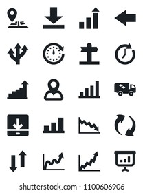 Set of vector isolated black icon - left arrow vector, growth statistic, route, signpost, navigation, update, data exchange, download, bar graph, moving, clock, crisis, presentation