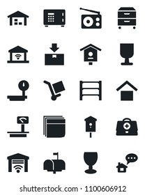 Set of vector isolated black icon - safe vector, bird house, doctor case, fragile, cargo, warehouse storage, package, heavy scales, rack, radio, blank box, archive, mailbox, garage gate control