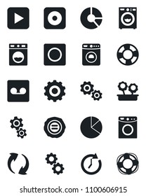 Set of vector isolated black icon - washer vector, gear, circle chart, stamp, play button, rec, update, record, pie graph, flower in pot, clock, crisis management