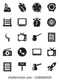 Set of vector isolated black icon - alarm clock vector, phone, tv, abacus, stamp, sickle, plant label, reel, flame disk, radio, turkish coffee, rocket