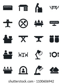 Set of vector isolated black icon - cafe vector, baby room, reception, desk, meeting, manager place, picnic table, lamp, restaurant, reserved, salt and pepper, serviette