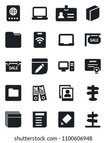 Set of vector isolated black icon - passport vector, identity, office binder, notebook pc, document, signpost, laptop, folder, notes, photo gallery, blank box, sale, pass card, certificate