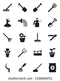 Set of vector isolated black icon - job vector, flower in pot, garden fork, shovel, farm, rake, seedling, watering, sproute, pruner, hoe, sickle, sprayer, fertilizer