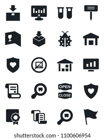 Set of vector isolated black icon - no laptop vector, contract, statistic monitor, lady bug, plant label, blood test vial, heart shield, warehouse, package, search cargo, sertificate, wine card