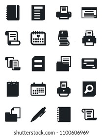 Set of vector isolated black icon - contract vector, document search, pen, notepad, printer, medical calendar, folder, copybook, book, schedule