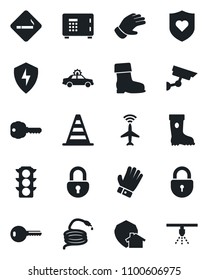 Set of vector isolated black icon - plane radar vector, smoking place, alarm car, border cone, safe, lock, glove, boot, hose, heart shield, traffic light, protect, key, home, surveillance, sprinkler