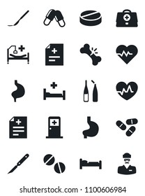 Set of vector isolated black icon - bed vector, medical room, heart pulse, doctor case, diagnosis, pills, ampoule, scalpel, hospital, stomach, broken bone