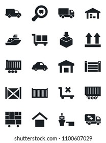 Set of vector isolated black icon - sea shipping vector, truck trailer, cargo container, car delivery, port, consolidated, warehouse storage, up side sign, no trolley, package, search, moving