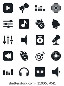Set of vector isolated black icon - vinyl vector, flame disk, microphone, speaker, equalizer, headphones, play button, rewind, tuning, bell, record, music, sound