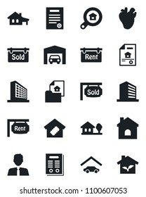 Set of vector isolated black icon - office building vector, house, real heart, contract, with garage, tree, estate document, rent, sold signboard, search, agent, smart home, eco