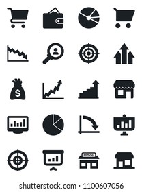 Set of vector isolated black icon - growth statistic vector, money bag, crisis graph, store, monitor statistics, pie, target, consumer search, arrow up, wallet, cart, presentation, storefront