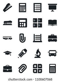 Set of vector isolated black icon - airport bus vector, checkroom, book, calculator, graduate, presentation board, microscope, case, paper clip, abacus, pencil, stapler