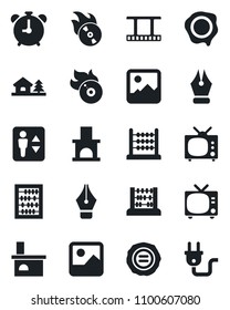 Set of vector isolated black icon - elevator vector, alarm clock, tv, abacus, stamp, fireplace, film frame, flame disk, gallery, ink pen, house with tree, power plug