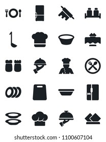 Set of vector isolated black icon - fridge vector, cook, restaurant table, cafe, hat, plates, waiter, salt and pepper, ladle, bowl, rolling pin, cutting board, serviette