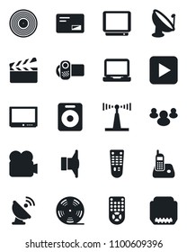 Set of vector isolated black icon - satellite antenna vector, clapboard, reel, vinyl, speaker, tv, video camera, remote control, laptop pc, radio phone, group, mail, play button, hdmi