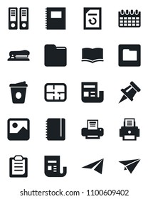 Set of vector isolated black icon - book vector, office binder, notepad, coffee, calendar, document reload, news, gallery, folder, clipboard, copybook, drawing pin, printer, stapler, plan