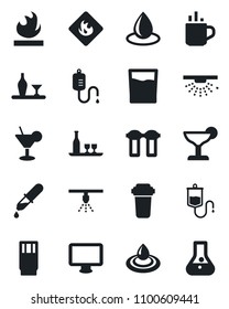 Set of vector isolated black icon - hot cup vector, water drop, dropper, flammable, monitor, alcohol, drink, cocktail, filter, sprinkler, flask