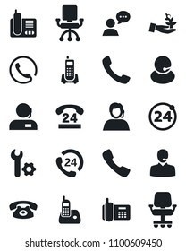 Set of vector isolated black icon - 24 around vector, office phone, hours, support, speaker, radio, call, root setup, palm sproute, chair